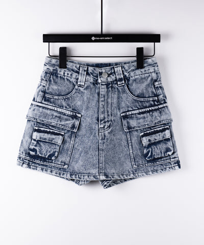 【 デニムセットアップ着用可能 】ヴィンテージケミカルブリーチカーゴデニムミニスカパン ／ vintage chemical bleach cargo denim mini skirt pants