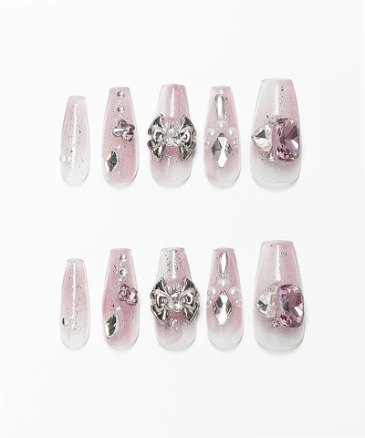 ビジューリボンピンクラメグラデワンホンガーリーネイルチップ／bijou ribbon pink glitter gradation wanghong girly nail tips
