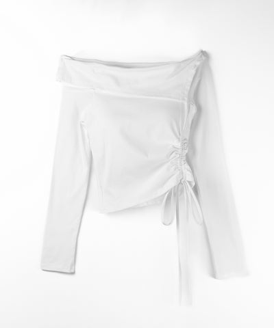 シャーリングリボンショートオフショルカットソートップス ／ shirring ribbon short off shoulder cutsew tops