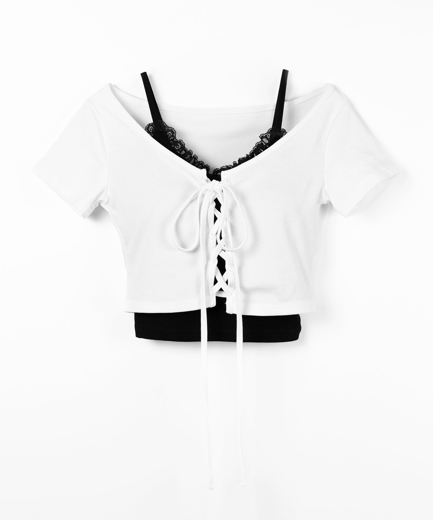 半袖レースアップリボンショートトップス ＋ レースキャミ SET ／ lace up ribbon short sleeve tops + lace cami SET