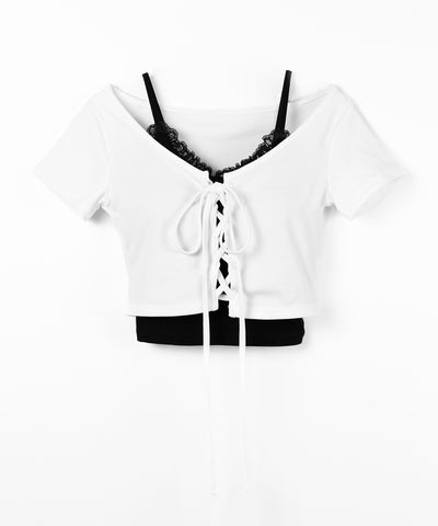 半袖レースアップリボンショートトップス ＋ レースキャミ SET ／ lace up ribbon short sleeve tops + lace cami SET