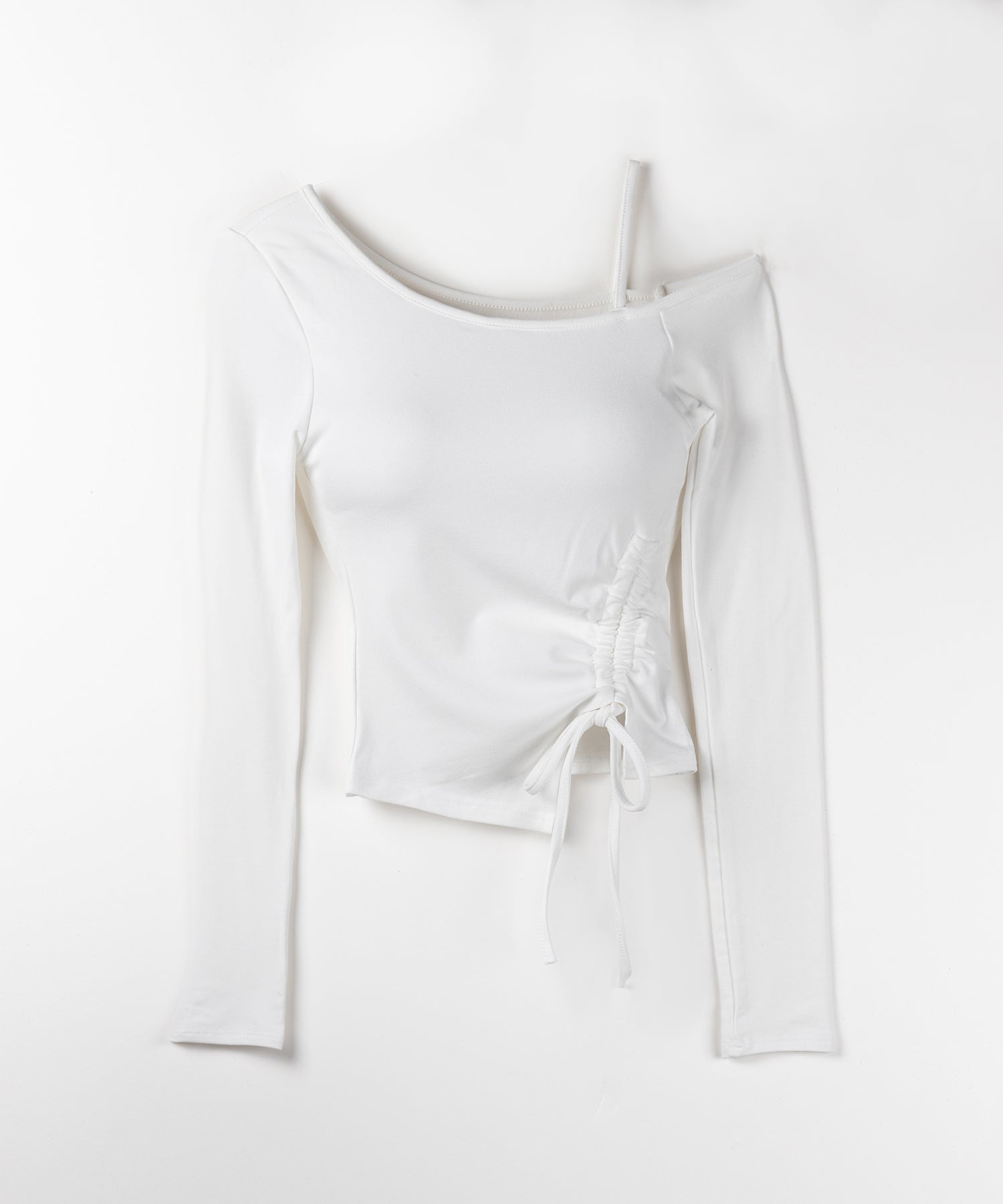 【 裏起毛 ／ カップ付 】サイドシャーリングリボンワンショルトップス ／ side shirring ribbon one shoulder tops