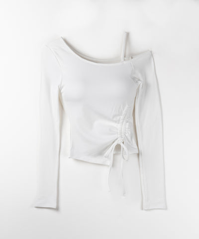 【 裏起毛 ／ カップ付 】サイドシャーリングリボンワンショルトップス ／ side shirring ribbon one shoulder tops