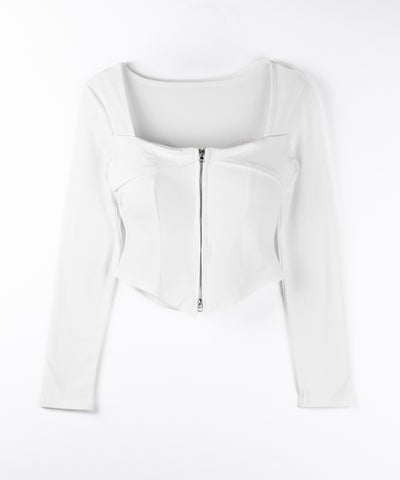 【 ２color 】ダブルジップコルセットスクエアネックロンＴ ／ double zip corset square neck longsleeve T-Shirt