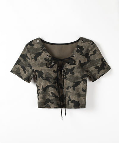 ヴィンテージカモフラレースアップショートＴシャツ　／ Vintage camouflage lace-up short T-shirt