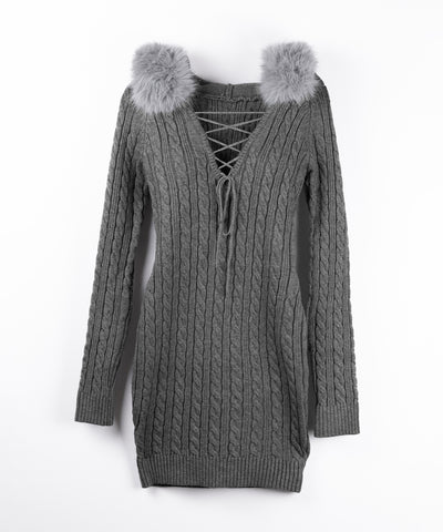 ファーフーディレースアップレディニットミニワンピース ／ fur hoodie lace up lady knit mini onepiece