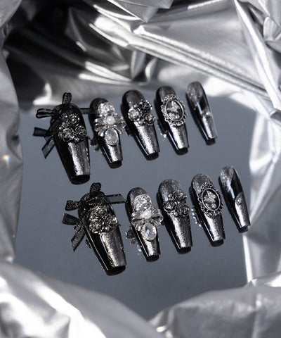 カメオリボンメタリックブラックロングネイルチップ ／ cameo ribbon metallic black long nail tips