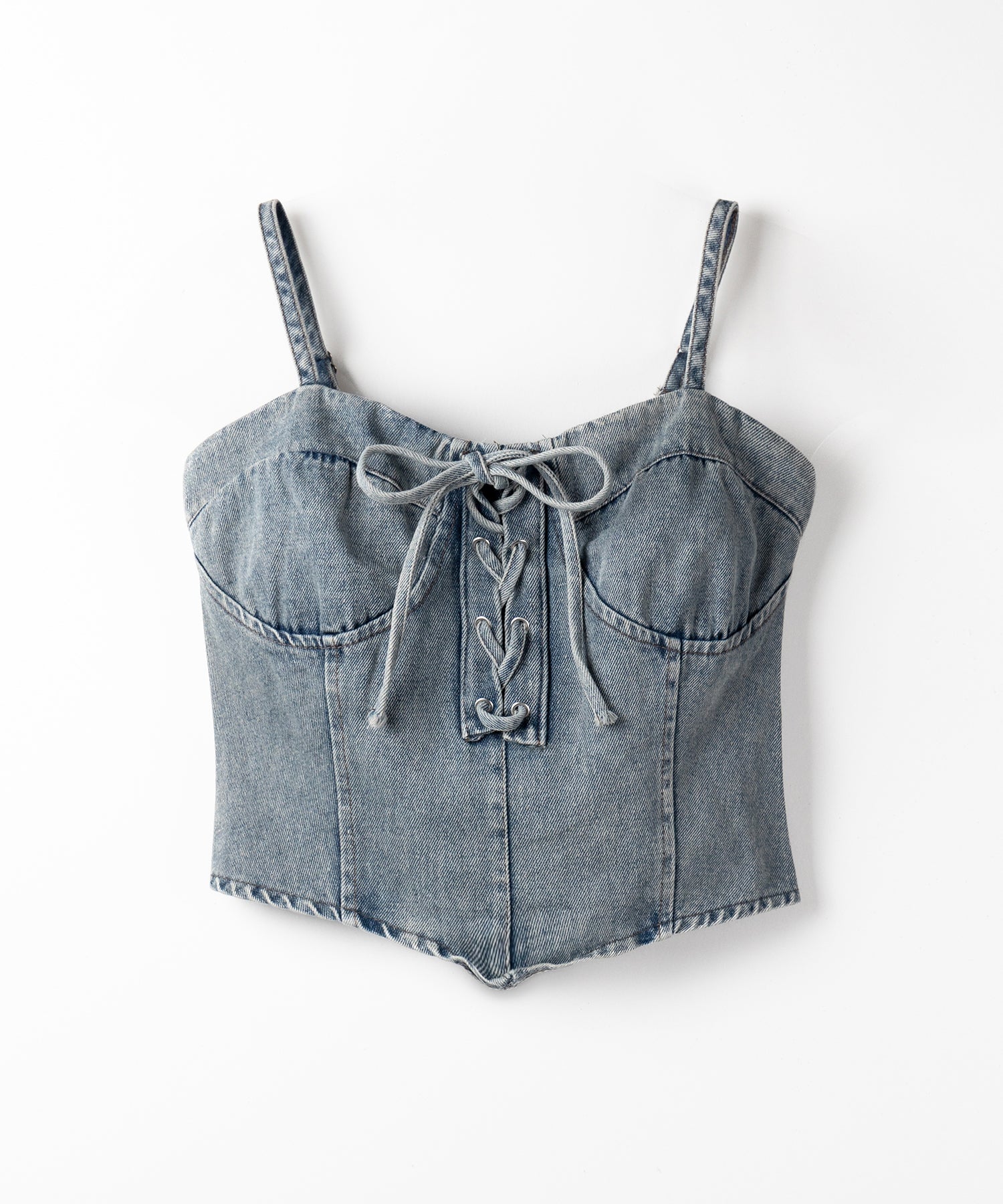 【 ２color 】レースアップリボンコルセットデニムビスチェ ／ lace up ribbon corset denim bustier