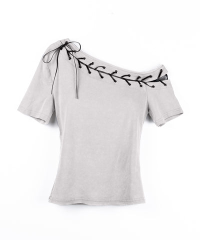 ヴィンテージカットアウトレースアップ半袖ワンショルリブトップス ／ vintage cutout laceup short sleeve one shoulder lib tops