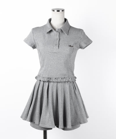 【 セットアップ 】ロゴプレート半袖トップス＋フレアミニスカパン SET ／( SETUP ) logo plate short sleeve tops + flared mini skirt pants