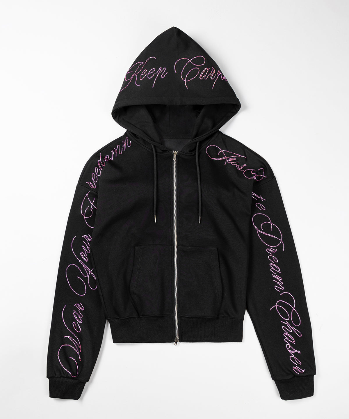 【 セットアップ可能 】ラインストーンロゴダブルジップパーカー ／ Rhine stone logo double zip hoodie