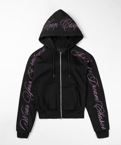 【 セットアップ可能 】ラインストーンロゴダブルジップパーカー ／ Rhine stone logo double zip hoodie
