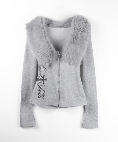 ファー襟クロスロゴジップアップリブカーディガン ／ fur collar cross logo zipup rib cardigan