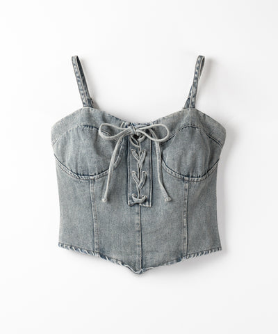 【 ２color 】レースアップリボンコルセットデニムビスチェ ／ lace up ribbon corset denim bustier