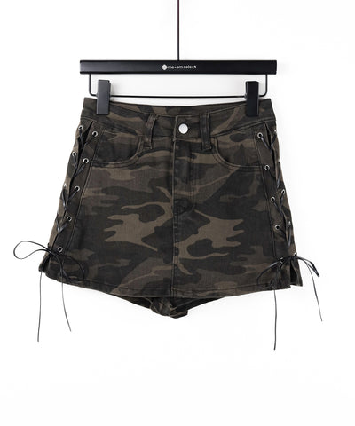 ヴィンテージカモフラレースアップデニムミニスカパン ／ vintage camouflage lace up denim mini skirt pants
