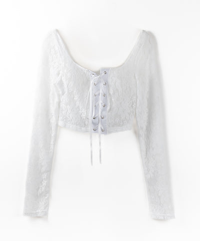【 ２color 】レースアップコルセットリボンショートレーストップス ／ laceup corset ribbon short lace tops