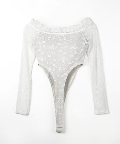 【 ２color 】フラワーレースレイヤードオフショルボディスーツトップス ／Flower lace layered off shoulder bodysuit tops