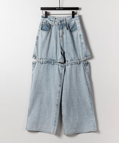 【 選べる３サイズ 】バックオープンカットアウトウォッシュワイドデニム ／ Back open cutout washed wide denim