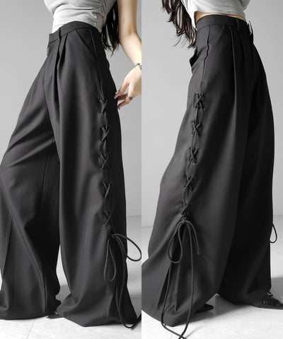 レースアップダブルタックワイドスラックス ／ laceup double tack wide slacks