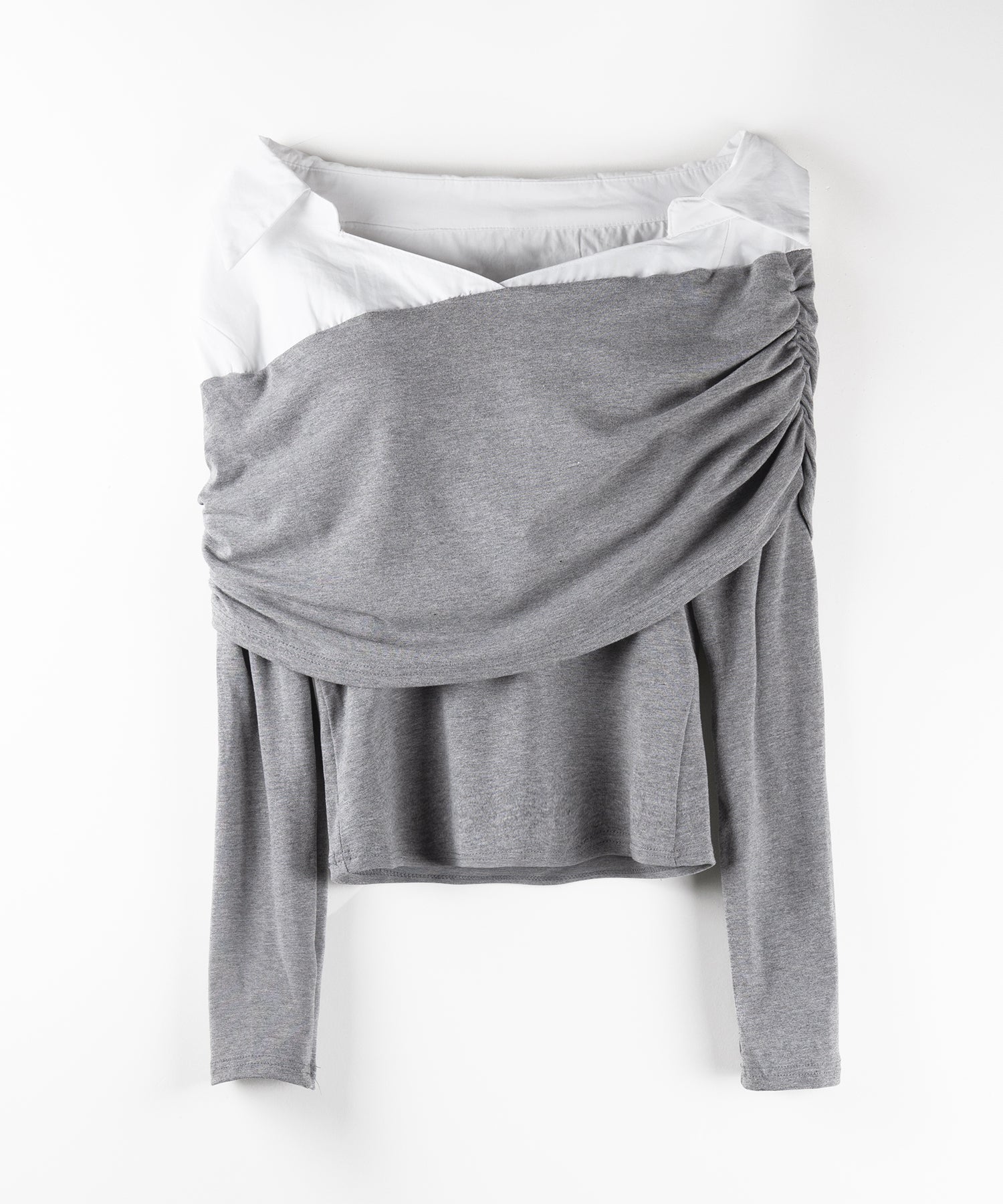 【 ２color 】シャツドッキングワイドオフショルトップス ／ shirt docking wide off shoulder tops