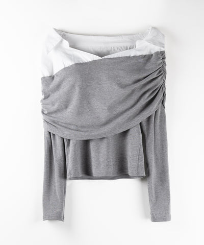 【 ２color 】シャツドッキングワイドオフショルトップス ／ shirt docking wide off shoulder tops