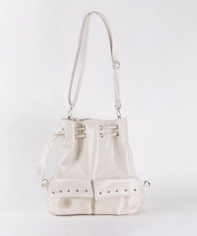 【 ２WAY 】フェイクレザースタッズポケット巾着ショルダーバッグ ／ ( 2WAY ) fake leather studs pocket drawstring shoulder bag