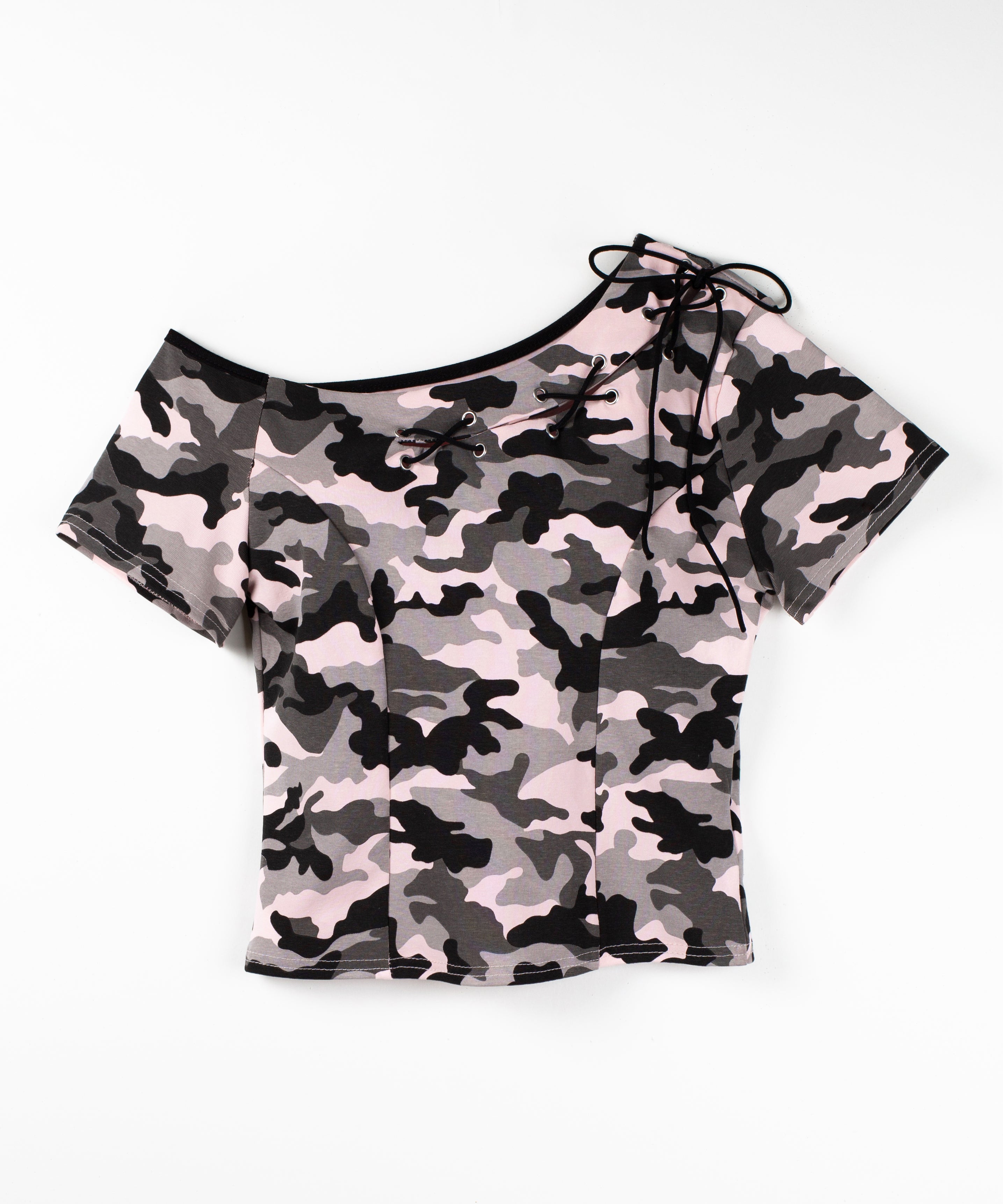 ヴィンテージカモフラカットアウトレースアップワンショルＴシャツ　／ Vintage camouflage cutout laceup one shoulder T-shirt