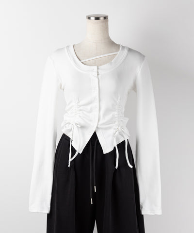 【 ２color ／ 裏起毛 】ナナメストラップダブルシャーリングリボントップス ／ naname strap double shirring ribbon tops