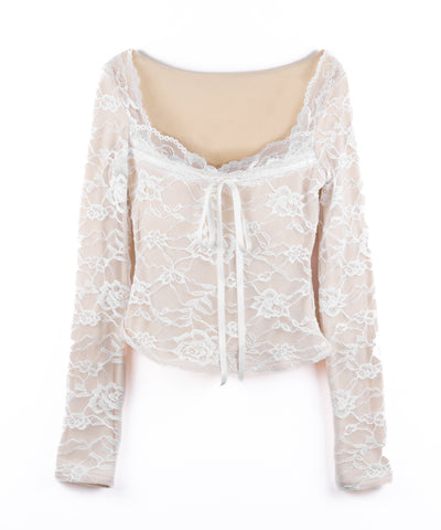【 裏起毛 】フロントリボンレースレイヤードスクエアネックトップス ／ urakimo front ribbon lace layered square neck