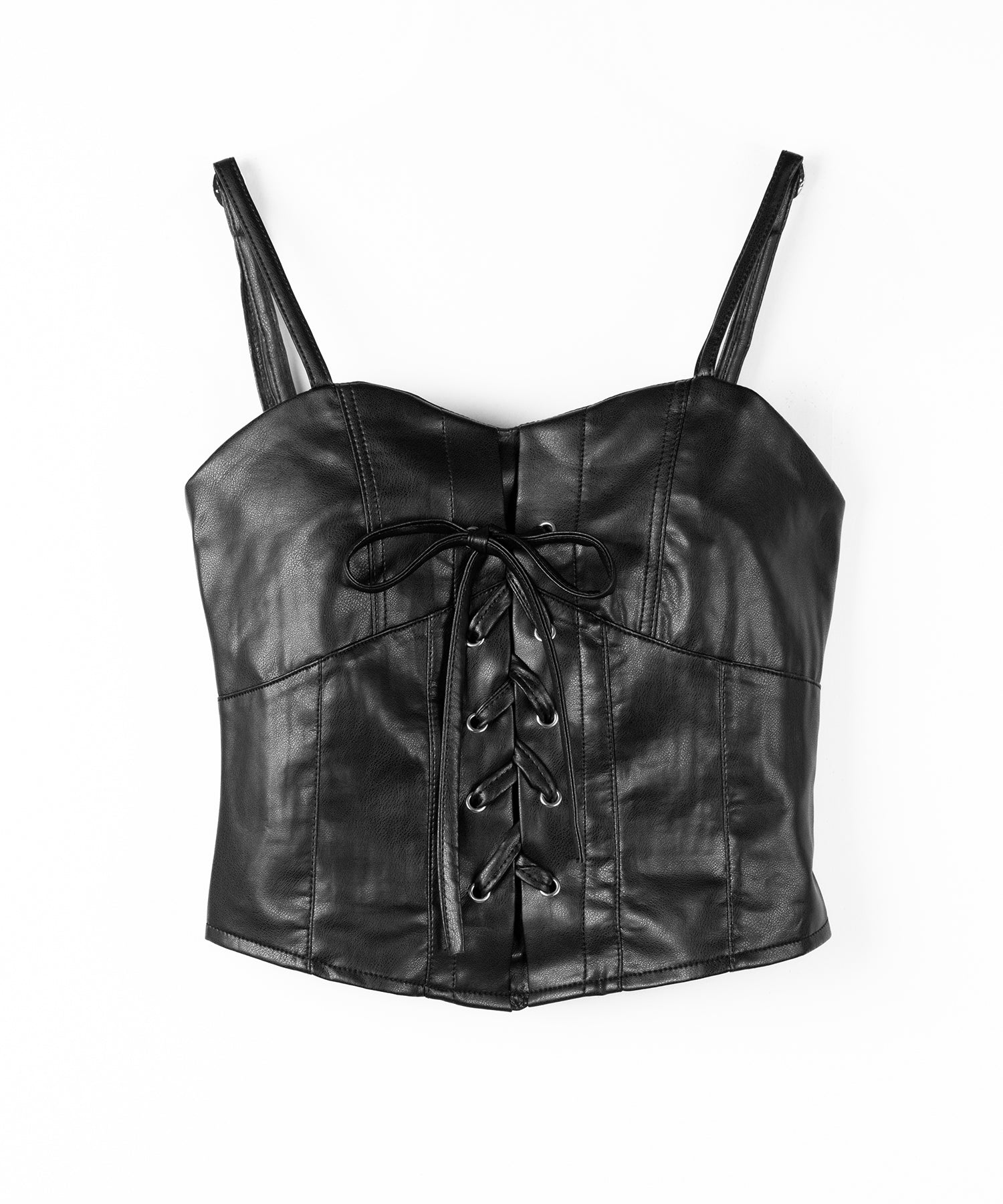 レースアップフロントリボンフェイクレザービスチェ ／ lace up front ribbon fake leather bustier