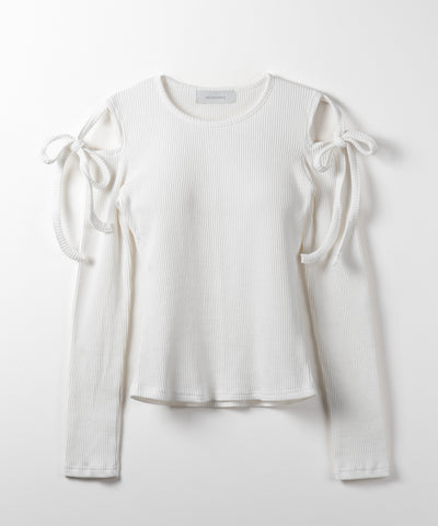 【 ３color 】カットアウトショルダーリボンリブトップス ／ Cut-out shoulder ribbon rib tops