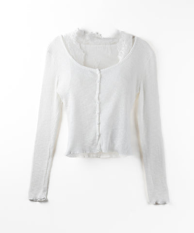 【 ２点セット 】レイヤードレースシアーリブカットソーカーディガン ／ layered lace sheer rib cut and sew cardigan