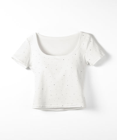 ラインストーンスクエアネックタイトＴシャツ ／Rhinestone square neck tight T-shirt