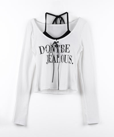 【 クロスネックにできる２WAY 】レースアップフェイクレイヤードロゴカットソートップス ／ laceup fake layered logo cutsew tops