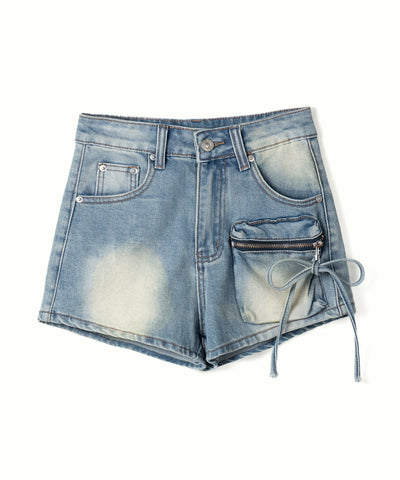 リボンストリングカーゴポケットデニムショートパンツ／ribbon string cargo pocket denim short pants