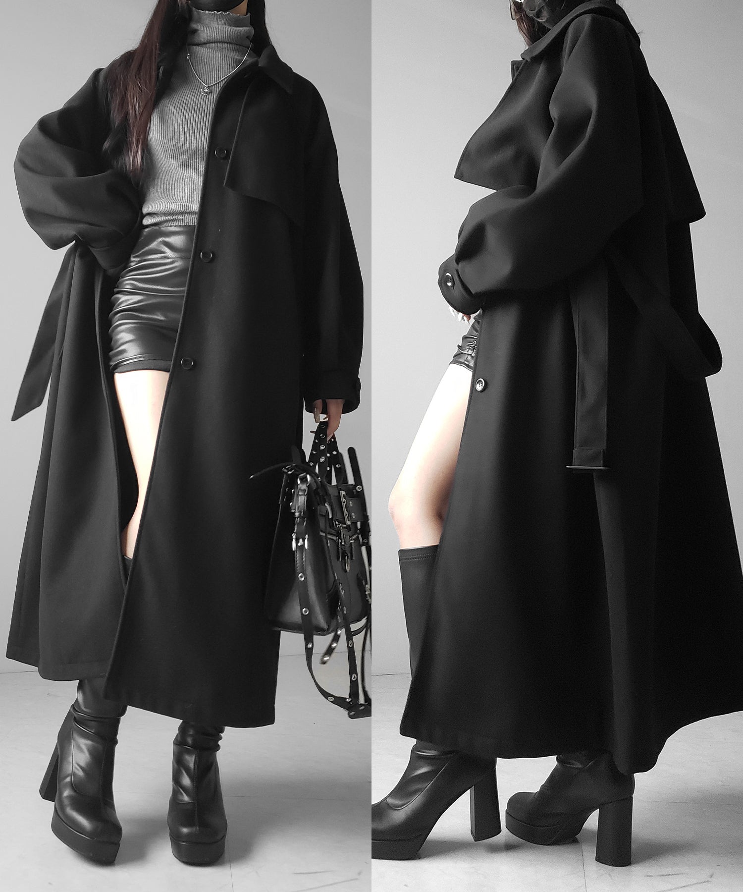 【 ウエストマークベルトSET 】２WAY ステンカラーレディメルトンロングコート ／ ２WAY soutien collar lady melton long coat