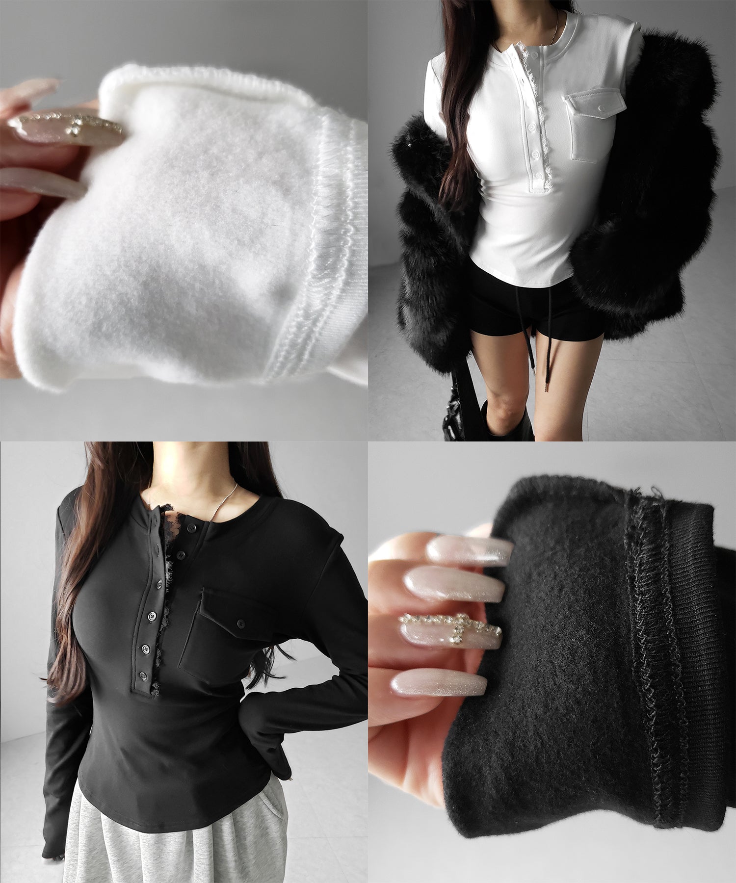 【 裏起毛 】レースドッキングヘンリーネックトップス ／ lace docking henley neck tops