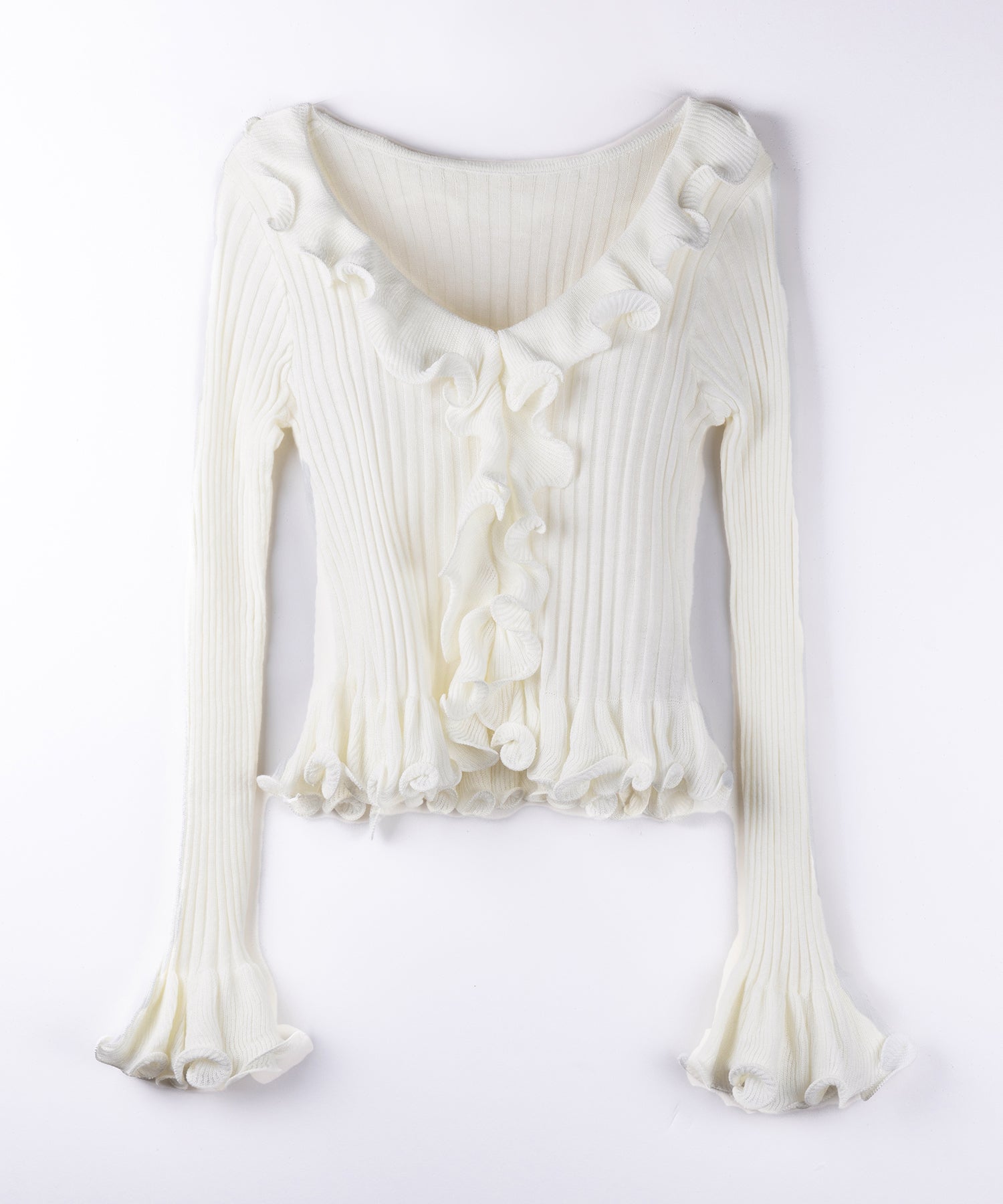 シアーフリル長袖リブニットカーディガン ／ sheer frill long-sleeve ribbed knit cardigan