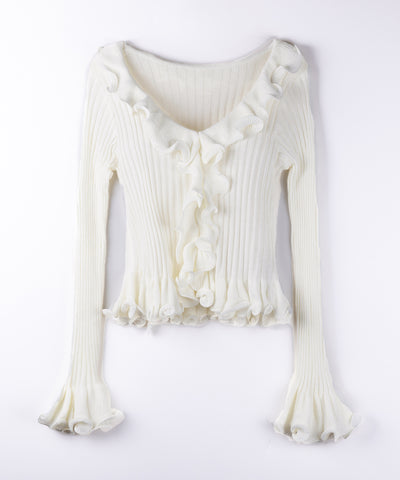 シアーフリル長袖リブニットカーディガン ／ sheer frill long-sleeve ribbed knit cardigan
