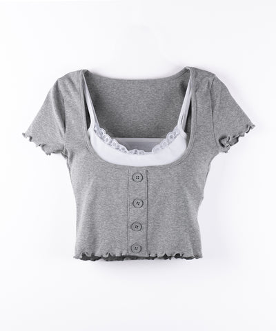 【 ２点セット 】レイヤードレースキャミソール ＋ スクエアネックフロントボタンTシャツ SET