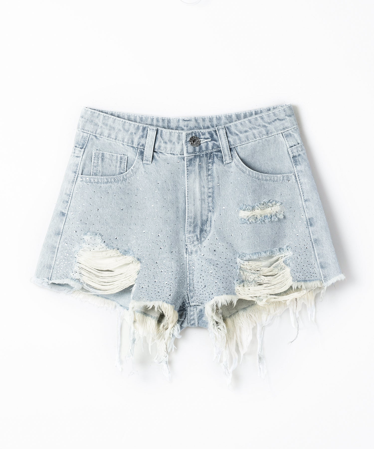 ラインストーンクラッシュダメージデニムショートパンツ／Rhinestone crash damage denim short pants
