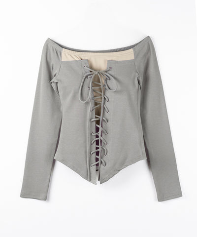 レースアップコルセットリボンオフショルトップス ／ laceup corset ribbon off shoulder tops
