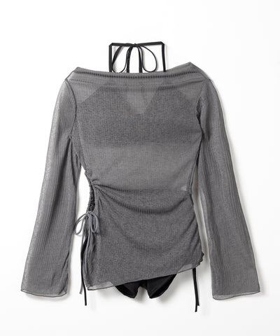 【 レディース水着／３点セット 】シアートップス付き　シャーリングリボンホルターネックハイウエストビキニ ／ ( 3piece ) sheer tops SET shirring ribbon halter neck high waist bikini