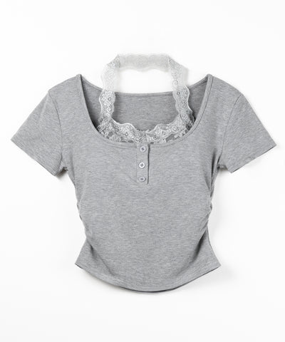 レースレイヤードホルターヘンリーネック半袖Ｔシャツ ／ lace layered halter henley neck short sleeve T-shirt