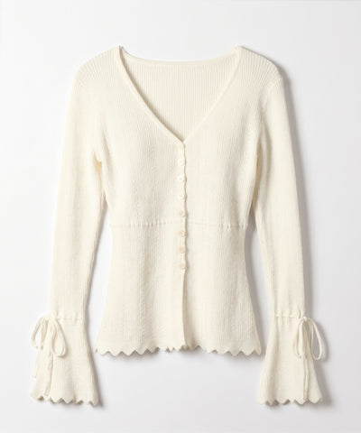 フレアリボンスリーブ透かし編みニットカーディガン ／ flare ribbon sleeve openwork knit cardigan