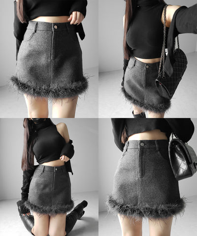 【 インナーパンツ裏地付 】ファードッキングウールライクレディミニスカート ／ fur docking woollike lady mini skirt