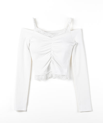 レースレイヤードギャザーオフショル長袖Ｔシャツ ／ lace layered gather off-shoulder long-sleeved T-shirts