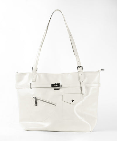 【 A4収納可 】デザインベルトフェイクレザースクエアトートバッグ ／ design belt fake leather square tote bag