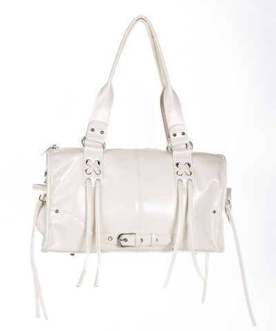 【 ショルダーストラップ付き２WAY 】レースアップベルテッドフリンジボストンショルダーバッグ／lace up belted fringe boston shoulder bag