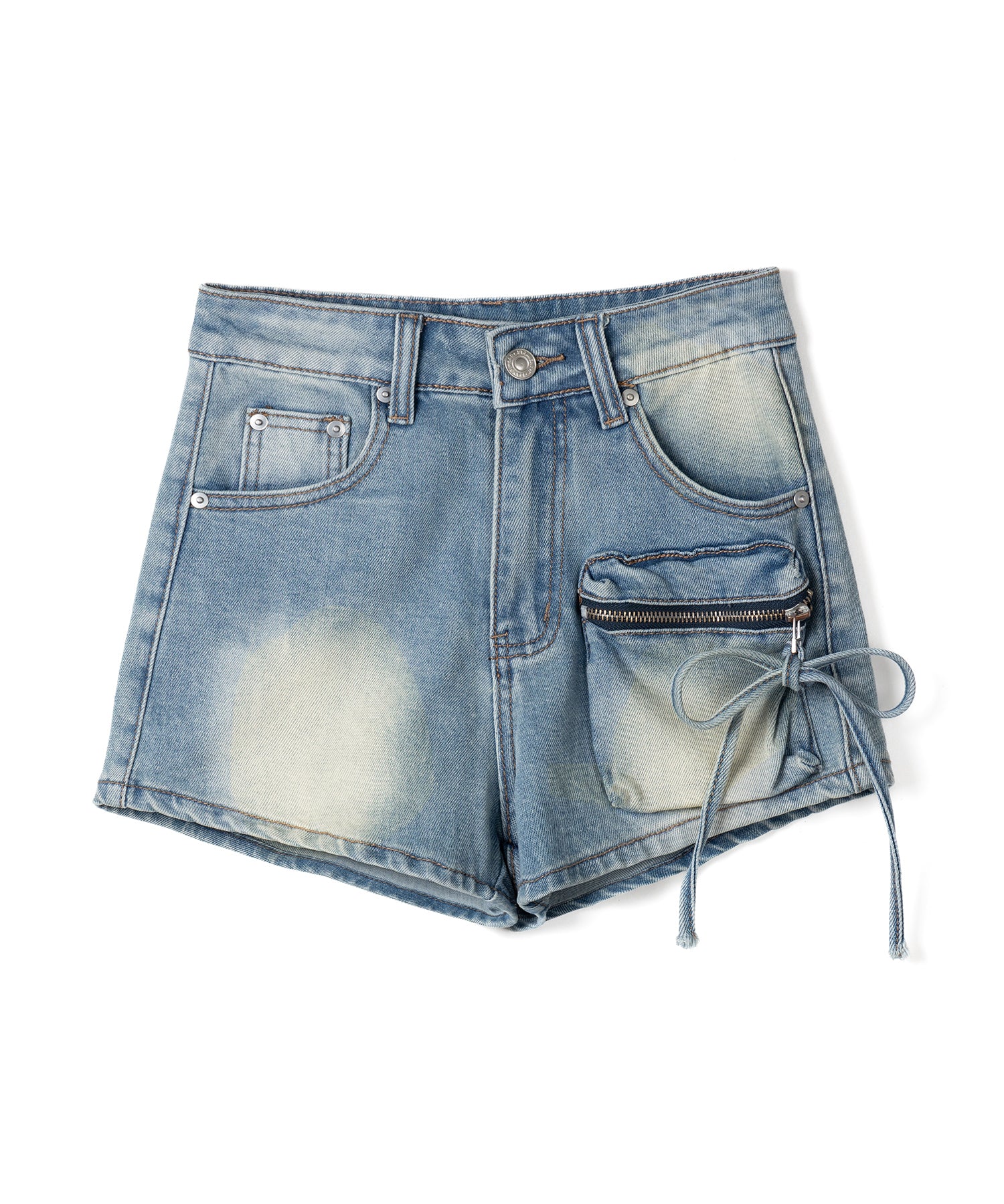 リボンストリングカーゴポケットデニムショートパンツ／ribbon string cargo pocket denim short pants